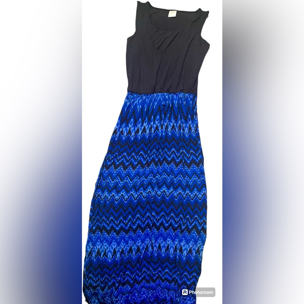 Chevron striped casual summer Maxi dress sundress sz Med 8 10 black royal blue